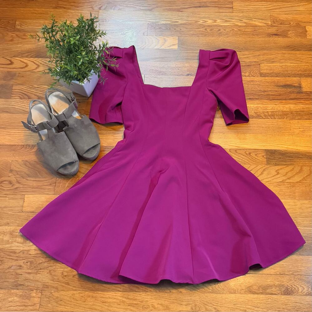 Black Halo Women’s 0 Fuchsia Square Neck Puff Sleeve Fit and Flare Dress Party